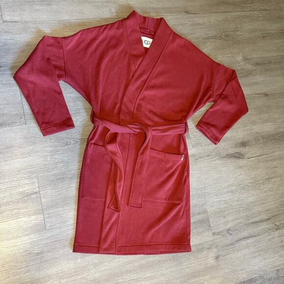 UGG Women’s Burgundy Lounge Robe Size Small Cozy Cotton Blend Belted Wrap - Picture 3 of 13